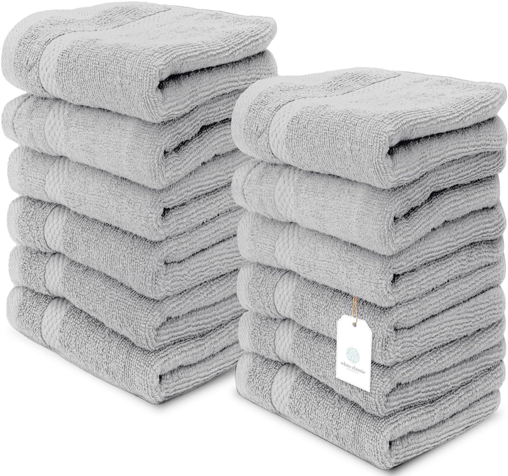 White Classic Luxury Cotton Washcloths 13x13 Inch - 650 GSM Turkish Cotton | Hotel, Spa, Bathroom Face Towel | 12 Pack, Dolphin Gray