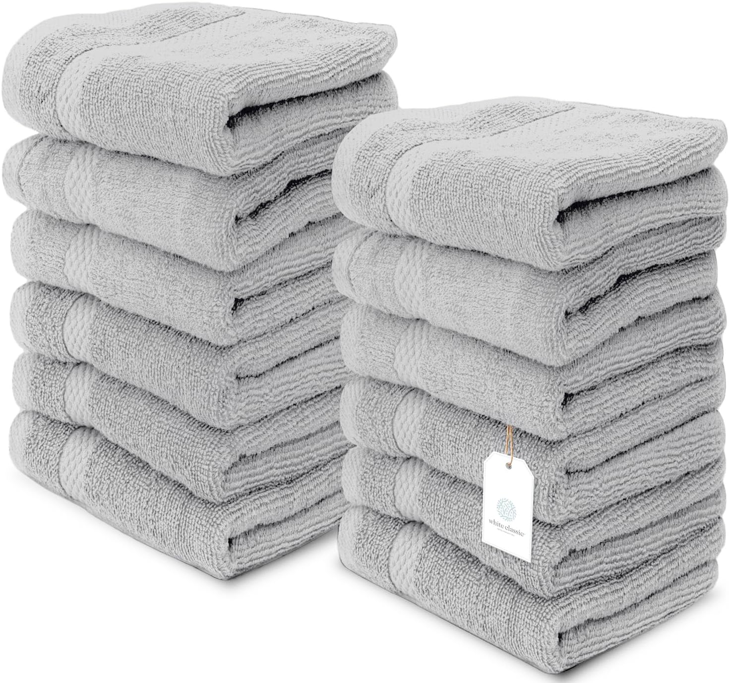White Classic Luxury Cotton Washcloths 13x13 Inch - 650 GSM Turkish Cotton | Hotel, Spa, Bathroom Face Towel | 12 Pack, Dolphin Gray