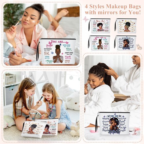 Roowest 20 Pcs Black Women Gifts Bulk Makeup Bag with Inspirational Compact Mirrors, Funny Small Travel Cosmetic Gifts for Womens Day Black Women
