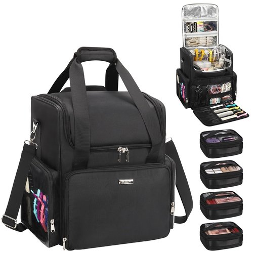 Relavel Hair Tools Travel Bag Hairstylist Traveling Bag, Cosmetic Case with 4 Clear Pouches, Portable Hairstylist Storage Organizer Case for Hair Stylist Essentials, with Adjustable Dividers