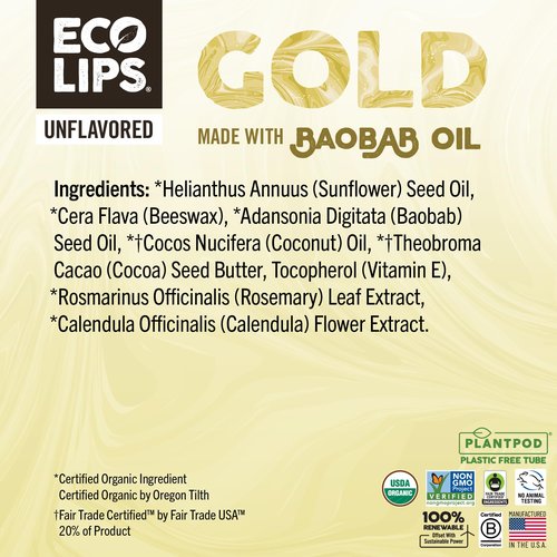 Eco Lips GOLD Organic Lip Balm with Baobab Oil – 6-Pack | USDA Organic, Moisturizing Lip Care for Dry, Chapped Lips | 100% Plastic-Free Packaging | Made in USA