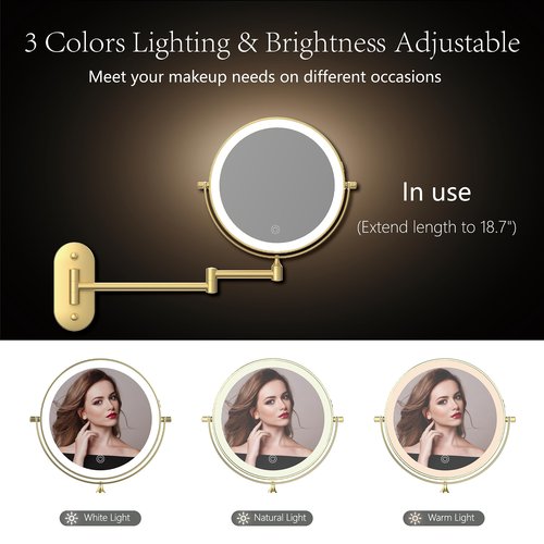 MIROAMZ Rechargeable Wall Mounted Lighted Makeup Vanity Mirror 9 Inch Double Sided 1X 10X Magnifying Bathroom Mirror, 3 Color Lighting, Touch Screen Dimming, 360 Rotation Shaving Mirror Gold