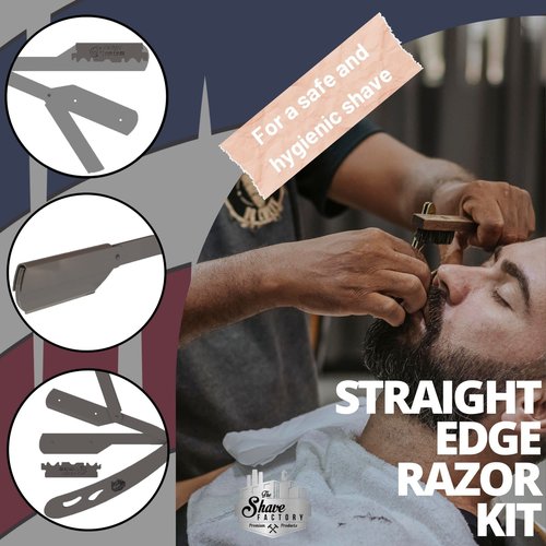 the shave factory Straight Edge Razor Kit - with Single | Stainless Steel razors for men from (Black / 200 Derby Premium Blades)