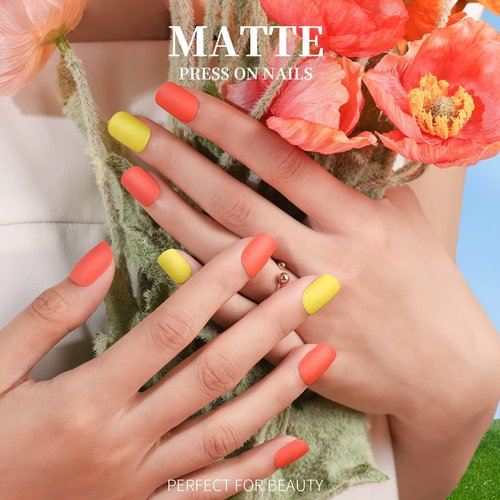 Teenitor Short Press On Nails with Glitter, 12 Sizes Square, Matte & Glossy Finish
