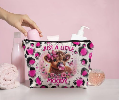 Uinwk Hot Pink Leopard Highland Cow Makeup Bag, Gifts for Women, Western Cosmetic Pouch, Just a Little Moody Cute Cow Lovers Stuff