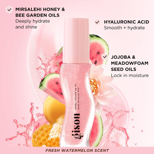 Gisou Honey Infused Hydrating Lip Oil, Nourishing Lip Moisturizer for Dry Lips (Watermelon Sugar)