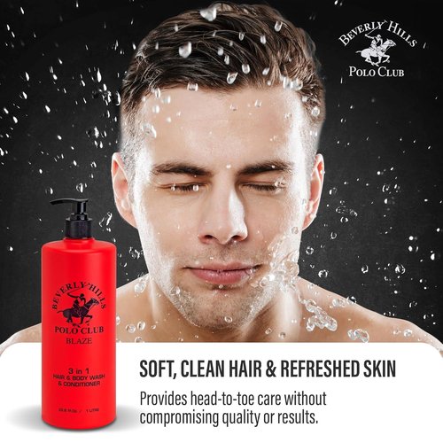 Beverly Hills Polo Club Men's 3-in-1 Shampoo, Conditioner & Body Wash - Blaze Scent | 33.8 fl oz Premium Freshness