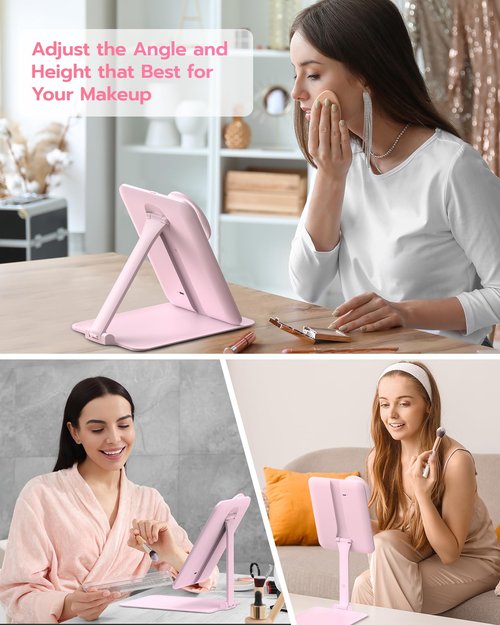 Anfauny Lighted Travel Makeup Mirror with Magnetic 10X Magnification, Vanity Portable and Foldable with Adjustable Stand, Rechargeable 3 Color Lights for Desk and Tabletop -Pink