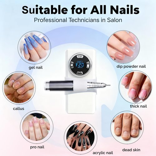Professional Nail Drill - Lumcrissy 40000RPM Electric Nail File Drill Kit - Portable Rechargeable Cordless Efile Machine for Acrylics Gel Nails for Home Salon Manicure Pedicure