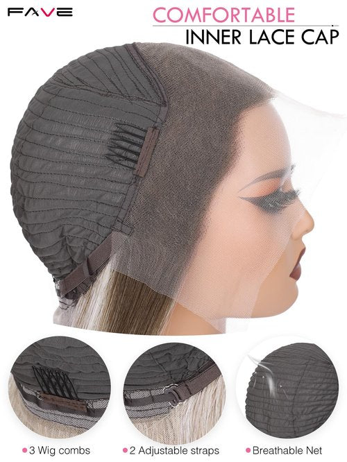 FAVE 13x4 HD Lace Front Wig,28" Ombre Wig Ash Blonde with Brown Highlight Long Straight Synthetic Hair, Pre-Plucked Hairline, Heat-Resistant Glueless Lace Front Wigs for Women