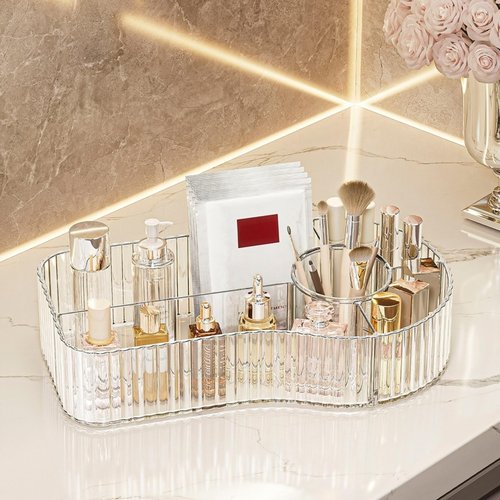 BVGDGSD Clear Makeup Organizer Countertop for Vanity Acrylic Skincare Storage and Make up Organization for Desk Cosmetic Display Case and Makeup Brush Holder for Bedroom,Bathroom,5 Compartments