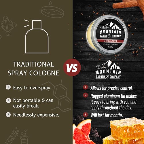 Rocky Mountain Barber Company Solid Cologne for Men - Citrus & Spice Scent - 2 Oz | Long-Lasting, Moisturizing Formula