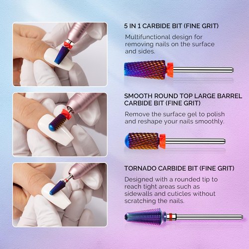 MelodySusie 3Pcs Nail Drill Bits Set, 3/32'' Carbide Tungsten Bits, 5 in 1, Smooth Round Top Large Barrel and Tornado Bits, Suitable for Manicure Pedicure Cuticle Gel Acrylic Remover, Purple