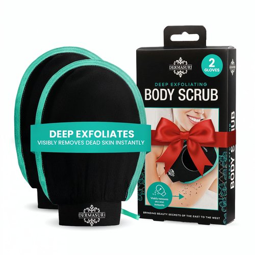 Dermasuri - Deep Exfoliating Glove for Shower - Scrubbing Mitt Body Scrubber Gloves - Korean Skin Cleaner Exfoliator - Dead Skin Buffing Treatment - Keratosis Pilaris Scrub Remover - (2 Pack)