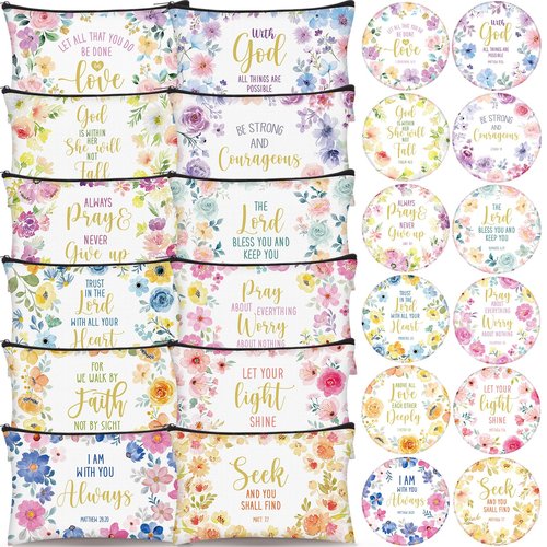 Geelin 24 Pcs Christian Gifts Bulk for Women 12 Floral Religious Canvas Makeup Bags 12 Bible Verse Compact Mirrors Inspirational Church Party Gifts for Women Mother Sister