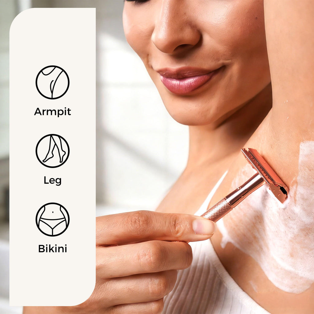 ZOMCHI Single Blade Razors for Women – Reusable Ladies Razor for Legs with 5 Double Edge Safety Razor Blades, Eco-Friendly Manual Shaving Razor - Rose Gold