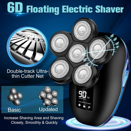 Electric Head Shavers for Bald Men, Upgraded 6-in-1 Waterproof Wet/Dry Grooming Kit Electric Shaver for Men, Cordless Rechargeable Bald Head Razor for Home&Travel
