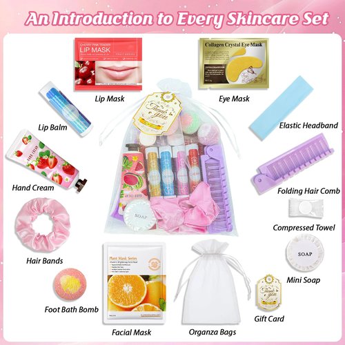 104PCS Sleepover Spa Party Supplies, Include Face Masks, Lip Balm, Hand Cream, Under Eye Patches, Lip Mask, Foot Bath Bombs, Hair Comb, Headband, Spa Birthday Kit for Women Girls Gift Skincare Set
