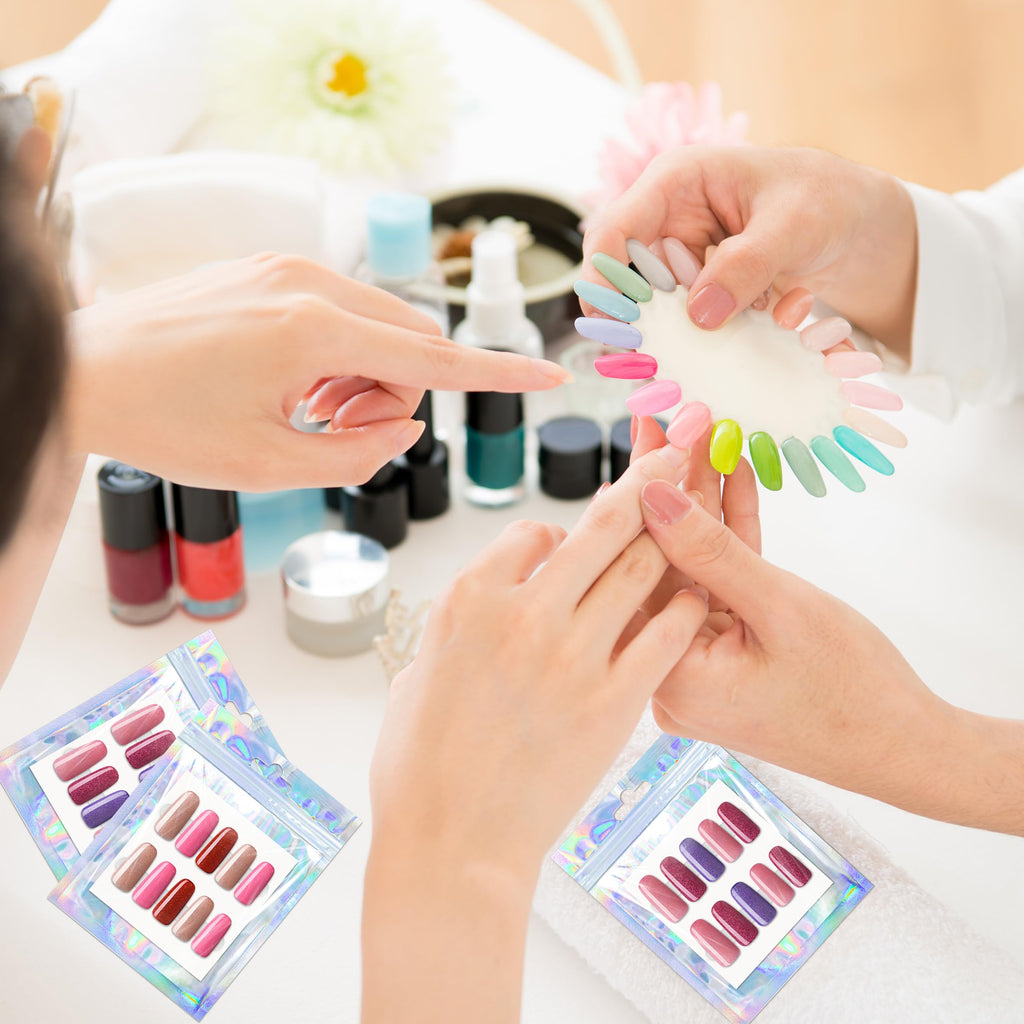 YHNTGB 100 Sets Empty Press on Nail Packaging Including Holographic Bags White Card and Transparent Tape for Manicurist Small Business Office Home
