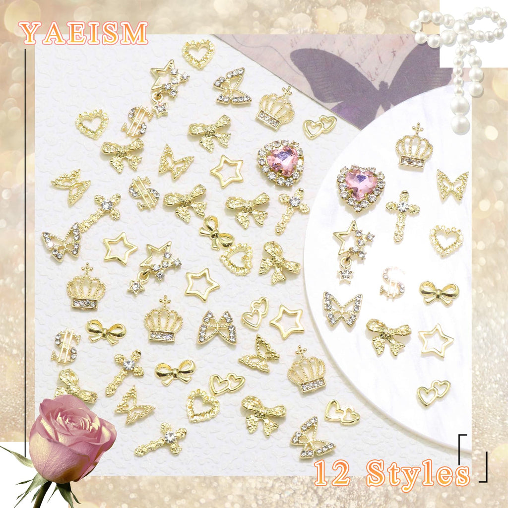 YAEISM 180PCS Gold Nail Charms: Cross Crystal Star, 3D Gold Butterfly, Sparkly Crown, Shiny Dollar Sign, Bling Cross Bowknot Starlight for Nail Art and DIY