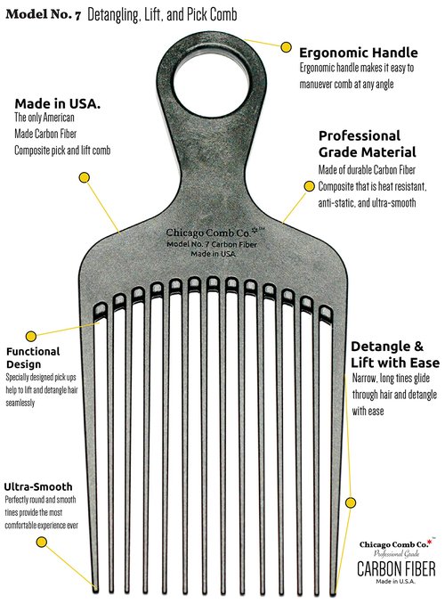 Chicago Comb No. 7 Carbon Fiber + Horween Dublin Black leather sheath, Made in USA, Detangling Pick & Lift Comb, Men & Women, Long, Curly & Thick Hair, Big Beards & Afros, Anti-Static, 6" (15 cm) Long