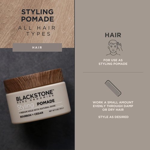 Blackstone Men's Grooming Hair Styling Pomade - Medium Hold & Natural Shine | Bourbon + Cedar (4 oz)