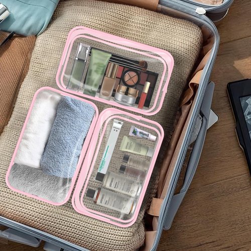 GONITYOU 16 Pieces Clear Makeup Bags Bulk, TSA Approved Toiletry Bags Travel Pouch, Waterproof PVC Plastic Small Clear Cosmetic Bags with Zipper for Organizing (Pink Border)