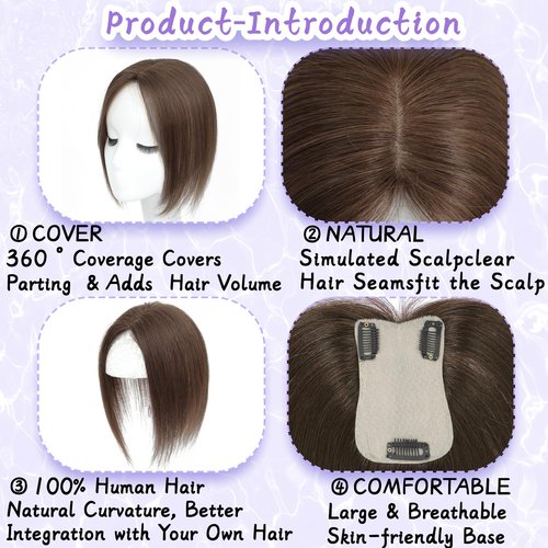 LEDIZE Hair Toppers for Women Real Human Hair, 360° Cover Middle Part Human Hair Toppers for Women with Thinning Realistic Scalp Line Upgrade Basement Toppers Hair Pieces Medium Brown, Side Bangs