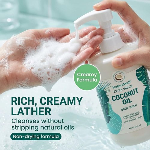 NATURE WELL Extra Virgin Coconut Oil Ultra-Moisturizing Body Wash, Gentle & Creamy Formula Packed with Antioxidants, Vitamins A, C & E, & Squalane, Provides Gentle Cleansing & Intense Hydration, 33 oz