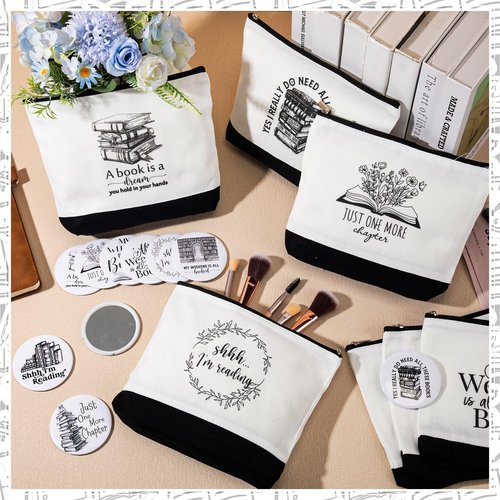 Paterr 20 Pcs Book Lover Gifts for Women Inspirational Bookish Canvas Makeup Bag with Zipper and Mini Compact Mirrors Librarian Appreciation Gift for Book Reading Student Teacher Writer Bookworm