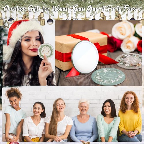 Thyle 36 Sets Christmas Christian Gifts Bulk Bible Verse Compact Mirrors Mini Christian Pocket Mirror Portable Round Makeup Mirrors with Christmas Greeting Cards for Women Xmas Church Party Favors