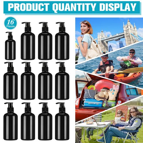 CroBlissful 16 Pcs Empty Plastic Pump Bottles 8oz Refillable Lotion Pump Bottle Containers with Dispenser for Shampoo, Conditioner, Face Cream, Massage Oil, Liquid Soap (Black)