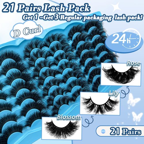 FOINEMYED 21 Pairs False Eyelashes 3 Styles Mixed Strip Lashes 18-25mm Fluffy Eyelashes Pack 8D Volume Super Soft Faux Mink Lashes D Curl Eyelashes