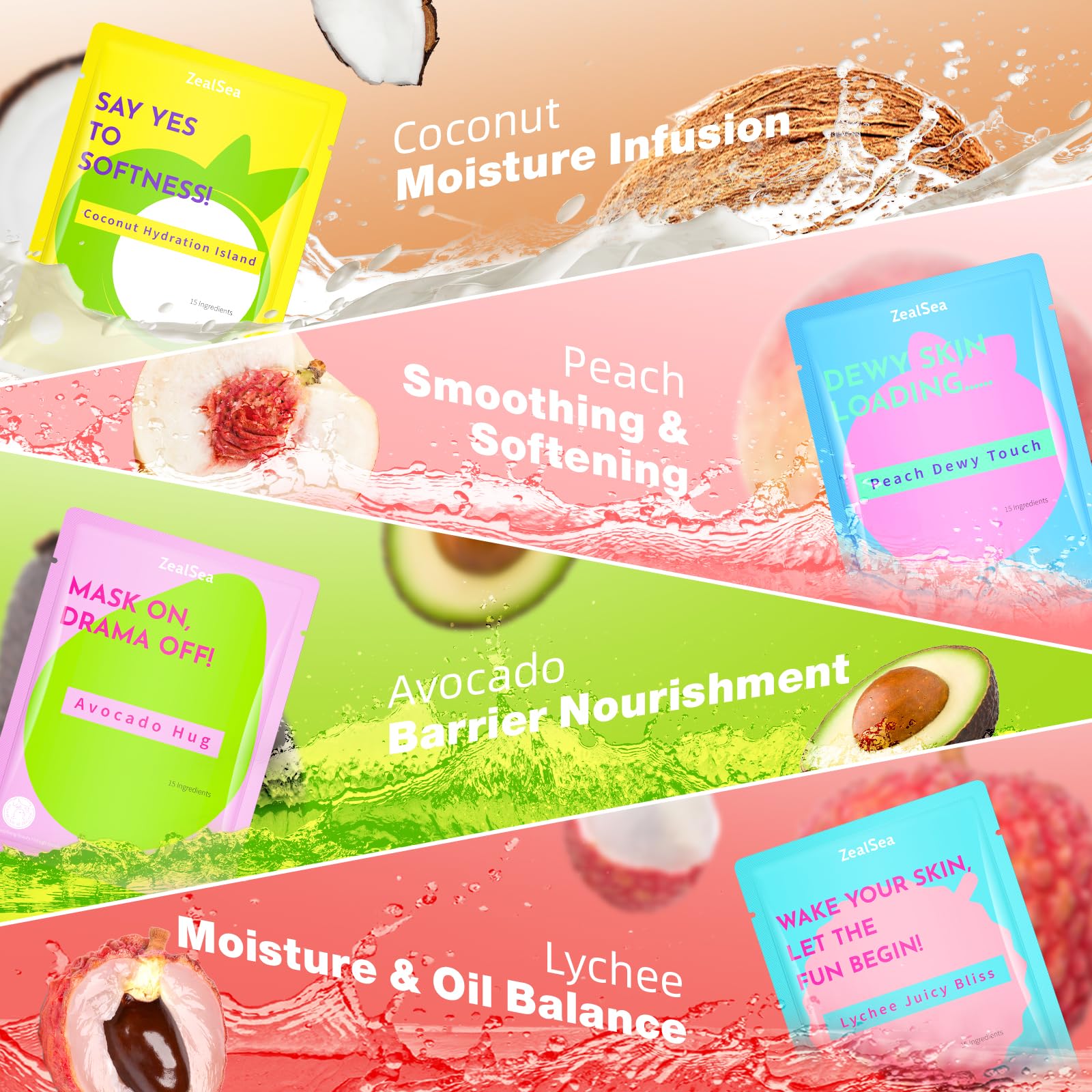 ZealSea Clean Beauty Face Masks Skincare, Minimalism 15 Ingredients Sheet Mask, Deep Hydration Facial Mask for Bouncy & Glowing, Sleepover Spa Party Supplies, Women Teen Girl Gifts Trendy Stuff, 7Pack