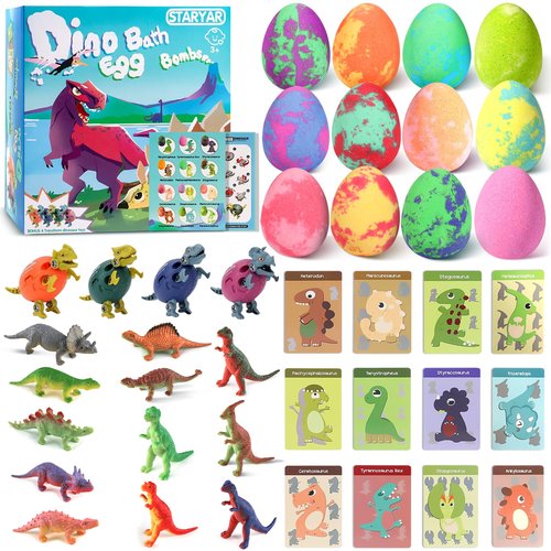 Bath Bombs for Kids with Surprise Toys Inside - 16 Pack Organic Dinosaur Bath Bombs Gift Set, Dinosaur Toys for Kid 3 4 5 6 7 8 9 Years, Easter Gifts for Kids, Easter Basket Stuffers, Bubble Bath Toys