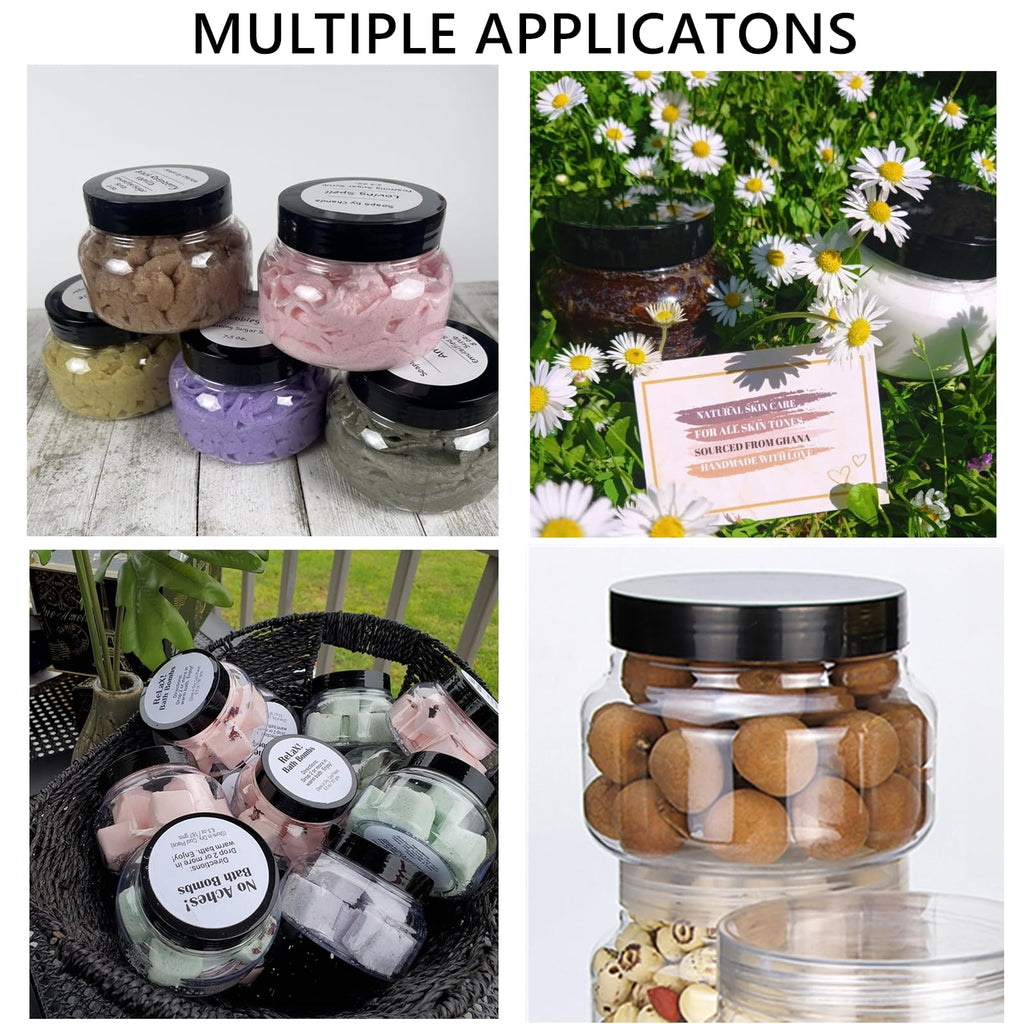 Zentriqlla 16 Pack 8 Oz Plastic Jars with Black Lids, BPA Free Empty Body Scrub Containers, Round Clear Samples Jars for Sugar Scrub, Lotion, Body Butter, Cream