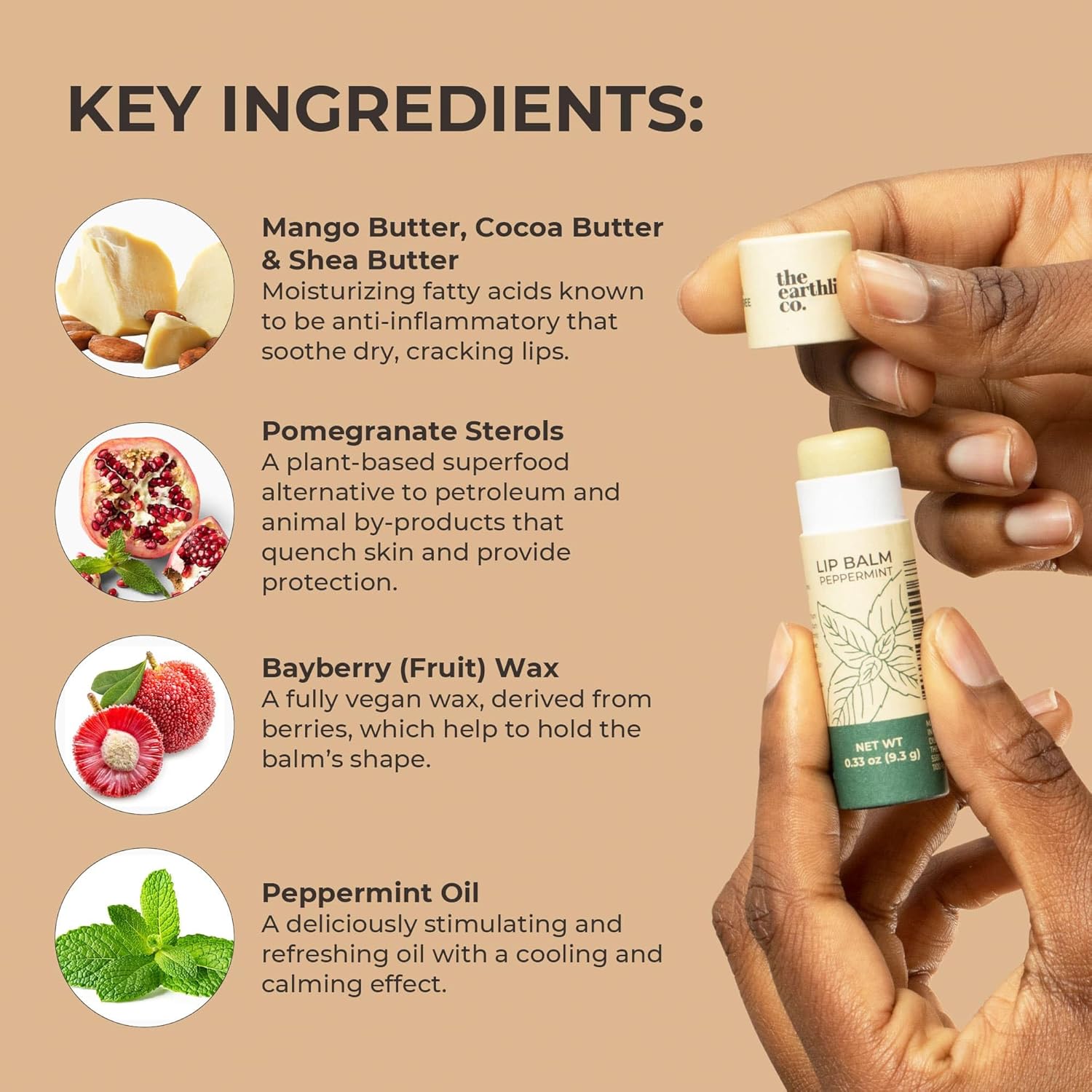 The Earthling Co. Lip Balm - Organic Mint Lip Care | Non-Tinted, Bee-Free Moisturizer (0.33 oz)