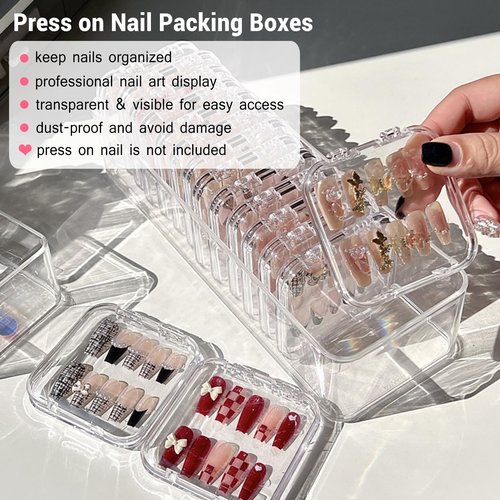 12Pcs Press on Nail Packaging Boxes, False Nail Container Organizer Clear Nail Display Case with 1 All-In-One Acrylic Storage Box and 30pcs Double-sided Adhesive Tape for Nail Art Salon Home Use
