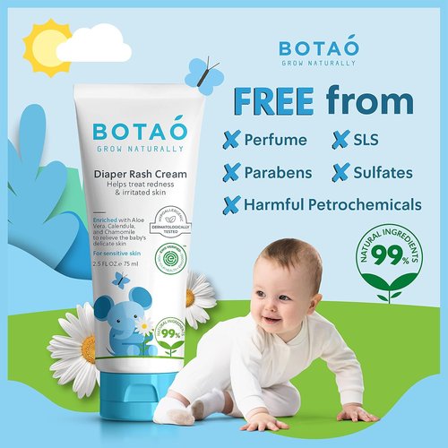 BOTAO Baby's Natural Diaper Cream - Organic EWG Verified Formula | Soothes Rashes with Aloe Vera & Calendula | 2.5 Oz (3 Pack)