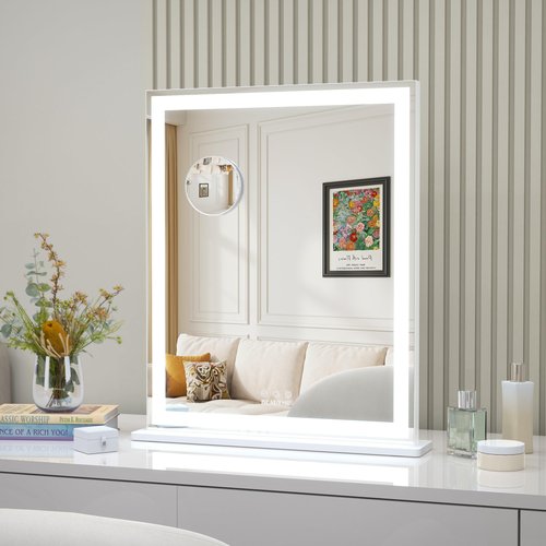 ANYHI Vanity Mirror with LED Light, 24"x20.5" Lighted Vanity Mirror with 10X Magnifying, 3 Color Modes, Dimmable, Smart Touch Control, Aluminum Frame, Tabletop/Wall Mount, White