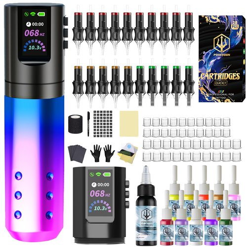 POSEIDON Wireless Tattoo Pen Kit with 20Pcs Tattoo Cartridge Needles 11Pcs Ink 2Pcs Tattoo Batteries, Portable Tattoo Machine with LED Display, Complete Tattoo Gun Set for Beginners and Artists