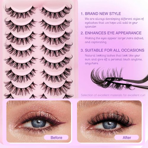 Royaomis D Curl Cat Eye lashes Wispy Russian Strip Lashes that Look Like Extensions 8D False Eyelashes Natural Look Pack 10 Pairs (RM-37)