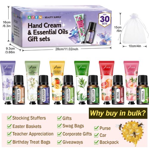 AZEN 30 Sets Bulk Gifts, Hand Cream and Essential Oils Bulk Set with Organza Bag Thank You Card, Baby Shower Wedding Gifts for Guests, Bridal Wedding Favors, Valentines Gift for Women