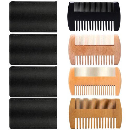 4 Pack Double-Sided Pocket Comb, Wooden Dual Action Beard and Mustache Comb Set with Leather Cases for Beards and Mustaches, Everyday Styling Comb For Detangling Knots, Beard Care & Grooming