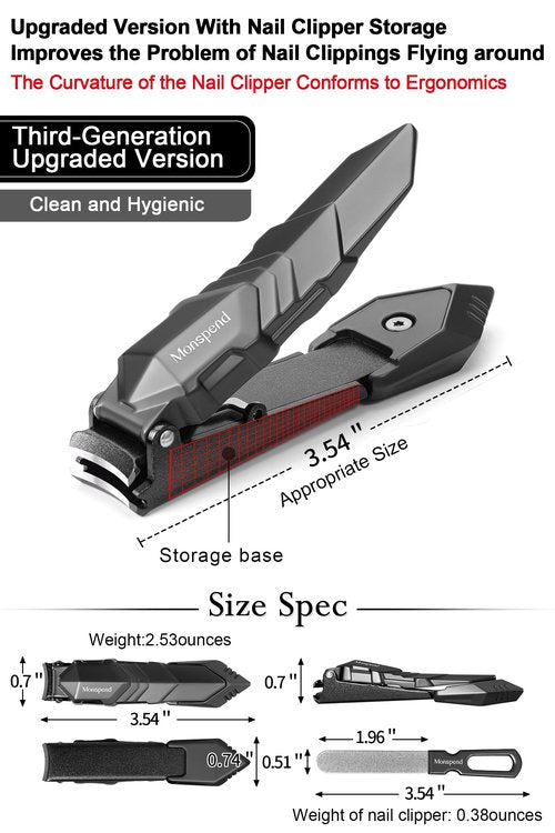 Monspend Nail Clippers with Catcher – No Splash Nail Cutters Fingernail and toenail Clippers for Thick Nail， Stainless Steel Fingernail Cutter for Men Women，Custom Flannelette Bag Storage