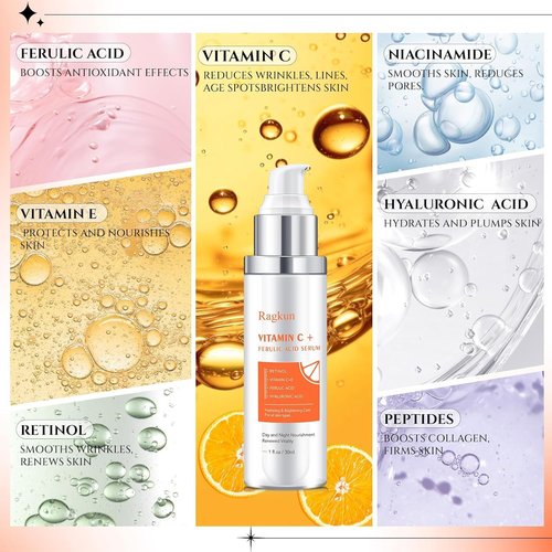 Ragkun 20% Vitamin C Serum, Retinol Serum for Face, Dark Spot Remover for Face, CE Ferulic Acid, Hyaluronic Acid, Hydrate & Plump Skin Care Anti Aging Wrinkle Brightening Skincare -1 Fl Oz.