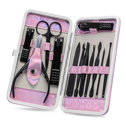 ANRUI Manicure Kit Nail Clippers Set Pedicure Kit, 12 Pieces Professional Grooming Kit, Stainless Steel Nail Care Kit for Women and Men with Luxurious Travel Case -Black