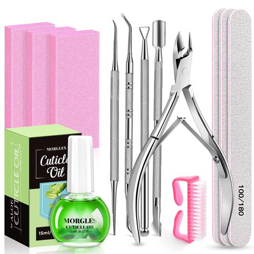 Nail Files and Buffers, MORGLES Nail Prep Kit with Emery Boards, Cuticle Remover Tools, Aloe Cuticle Oil for Manicure and Pedicure Shine Kit