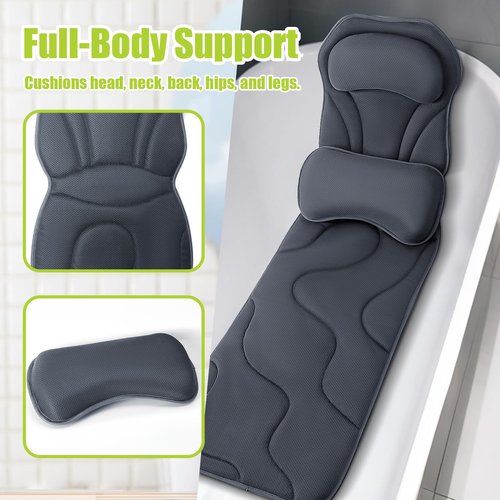 Bathland Full Body Bath Pillow for Tub - Extra Long & Thick Tub Pillow with Head, Back & Lumbar Support, 168 Non-Slip Suction Cups, Soft 5D Mesh Spa Cushion, Fits All Tubs-Gift for Soaking(Gray)