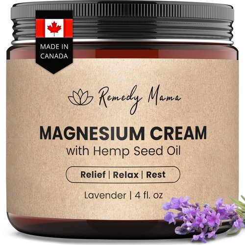 Remedy Mama Magnesium Cream for Sleep, Cramps & Muscle Soreness – with Hemp Seed Oil, Jojoba, Shea & Mango Butter – Natural, Skin-Friendly & Safe for Kids – Lavender – 4oz Glass Jar – Made in Canada